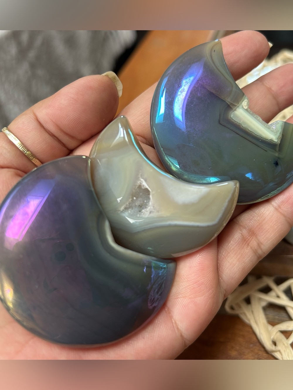 Iridescent Moon Crescent Agate Trio - Purple Blue Gray